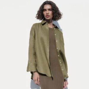 Zara Linen Button Down Shirt in Khaki Sz M